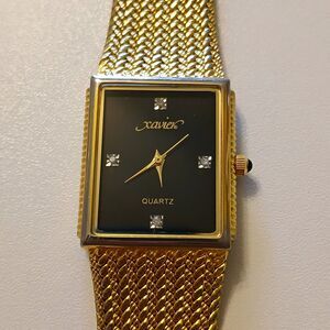 VTG 80s Xavier Masterpiece Quartz Men's Diamond Markers Black Dial Gold 25.2mm